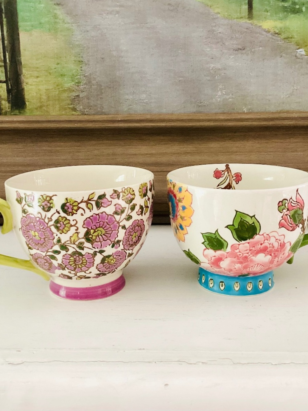Lot Of 2 Dutch Wax Hand-painted Ceramic Coffee Mugs Pedestal Cups Ornate Floral
